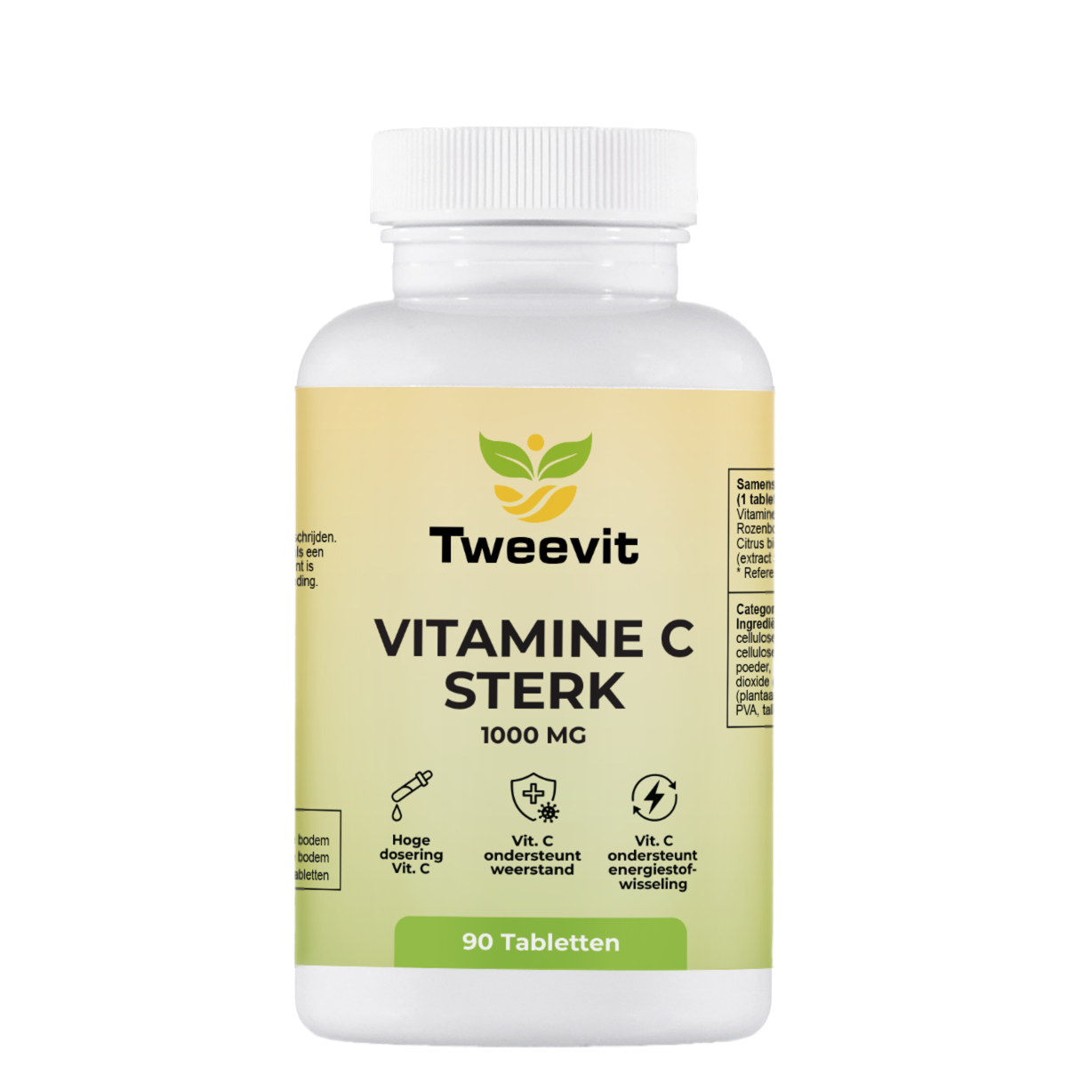 Tweevit Vitamine C 1000 mg pot met 90 tabletten – hoge dosering vitamine C ter ondersteuning van weerstand en energiestofwisseling